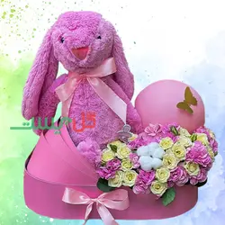 خرید باکس گل زایمان مهوا | باکس گل زایمان همراه با بادکنک و عروسک