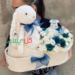 خرید باکس گل زایمان مهوا | باکس گل زایمان همراه با بادکنک و عروسک