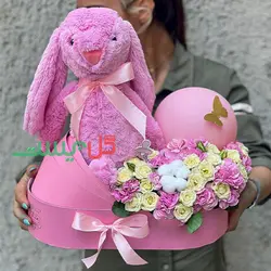 خرید باکس گل زایمان مهوا | باکس گل زایمان همراه با بادکنک و عروسک