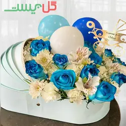 خرید باکس گل زایمان کیارش | باکس گل و بادکنک برای نوزاد پسر