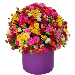 باکس گل بهاری ترلان- خرید باکس گل استوانه بنفش با گل های رز