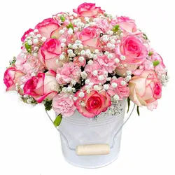 باکس گل سطلی برنا - خرید باکس گل فلزی با رز و میخک برای تولد