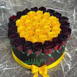 باکس گل رز کهربا -  باکس گل  40 شاخه رز زرد و قرمز کبود