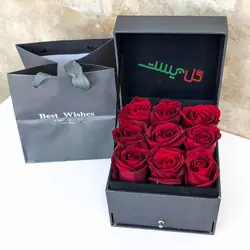 باکس گل مهرانه | جعبه گل رز سفید کشودار + 9 شاخه رز سرخ