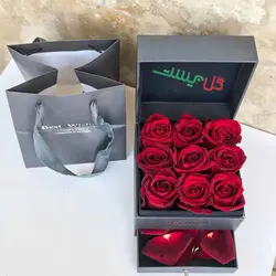 باکس گل مهرانه | جعبه گل رز سفید کشودار + 9 شاخه رز سرخ