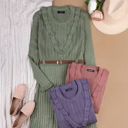 پیراهن بافت کمربند دار جلوچین (N00290)