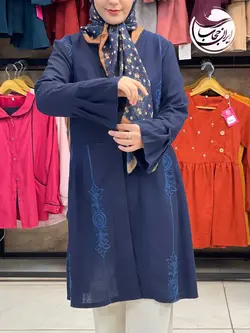 مانتو لنین خامه دوزی سورمه ای آستین کلوش