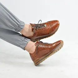 کفش اسپرت چرم طبیعی، رنگ عسلی، نوع چرم رویه کروکو طبیعی گاوی کد مدل ۵۰۴