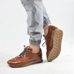 کفش اسپرت چرم طبیعی، رنگ عسلی، نوع چرم رویه کروکو طبیعی گاوی کد مدل ۵۰۴