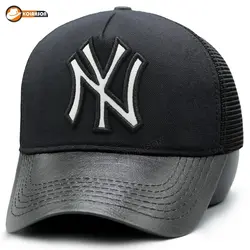 کلاه پشت توری نقاب کوتاه چرم طرح NY | کلاهسان