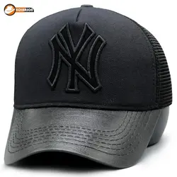 کلاه پشت توری نقاب کوتاه چرم طرح NY | کلاهسان