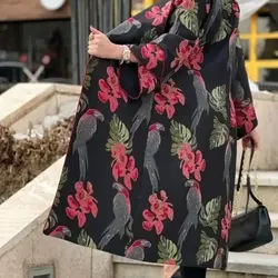 مانتو ژاکارد مشکی بهاره با گل های قرمز ترک