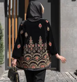 مانتو مخمل سوزندوزی مشکی بلند مجلسی گل برجسته هندی
