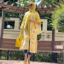 مانتو ژاکارد زرد شیک و لاکچری ترک