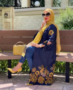 مانتو ژاکارد سرمه ای با گل های زرد ترک