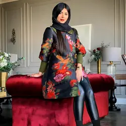 مانتو ژاکارد مشکی مجلسی مشکی با گلهای قرمز ترک