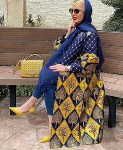 مانتو ژاکارد آبی و زرد طرحدار ترک