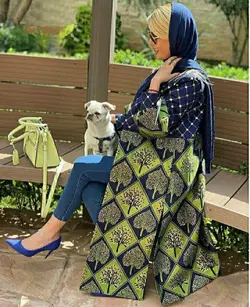 مانتو ژاکارد آبی و زرد طرحدار ترک