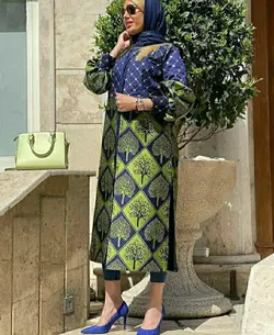 مانتو ژاکارد آبی و زرد طرحدار ترک