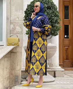 مانتو ژاکارد آبی و زرد طرحدار ترک