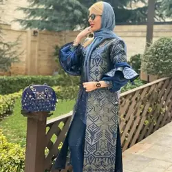 مانتو ژاکارد آبی مجلسی طرحدار ترک