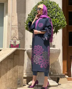 مانتو ژاکارد سرمه ای گلدار مجلسی ترک