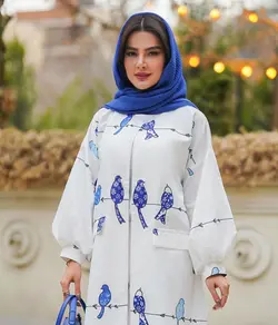 مانتو ژاکارد سفید بهاره طرحدار طرح گنجشک ترک