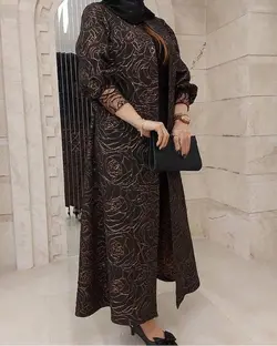 مانتو ژاکارد برجسته قهوه ای مجلسی طرحدار ترک