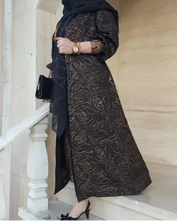 مانتو ژاکارد برجسته قهوه ای مجلسی طرحدار ترک