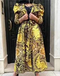 مانتو ژاکارد ورساچه دو رنگ طلایی و مشکی ترک