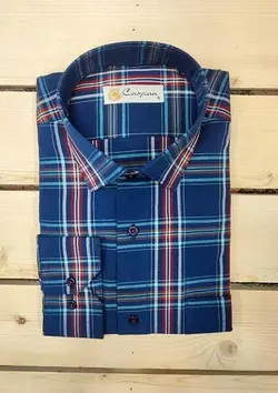 پیراهن مجلسی چهارخانه راه راه نخ پنبه پنج سانت آبی قرمز