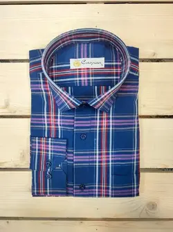 پیراهن مجلسی چهارخانه راه راه نخ پنبه پنج سانت آبی بنفش