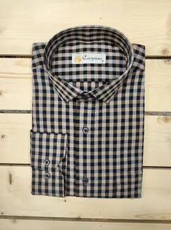 پیراهن چهارخانه پنبه ویسکوز یک سانت خاکی