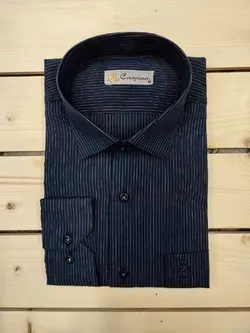 پیراهن مجلسی راه راه پنبه فلامنت چهار میل آبی تیره