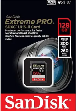 کارت حافظه SDXC سن دیسک مدل Extreme Pro V30 کلاس 10 استاندارد   UHS-II U3- 8K سرعت 300mbps ظرفیت 128 گیگابایت