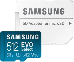 کارت حافظه microSDXC سامسونگ مدل Evo SELECT A2 V30 کلاس 10 استاندارد UHS-I U3 سرعت 130MBps ظرفیت 512 گیگابایت به همراه آداپتور SD