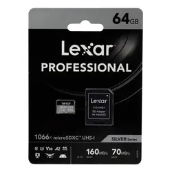کارت حافظه microSDXC لکسار مدل 1066X کلاس A2 استاندارد UHS-U3 سرعت 160MBps ظرفیت 64 گیگابایت به همراه آداپتور SD