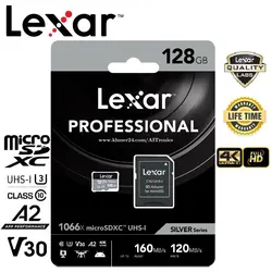 کارت حافظه microSDXC لکسار مدل 1066X کلاس A2 استاندارد UHS-U3 سرعت 160MBps ظرفیت 128 گیگابایت به همراه آداپتور SD