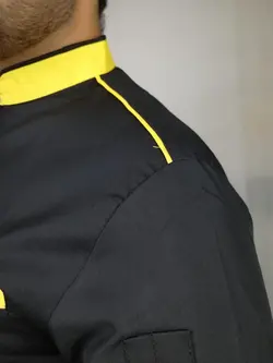 روپوش آشپزی مشکی زرد طرح ویرا سه تیکه با کلاه پفی