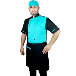 لباس آشپزی سه تیکه تیام مشکی فیروزه ای با کلاه نقابدار