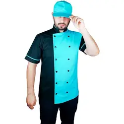 پیراهن آشپزی دوتیکه تیام مشکی فیروزه ای با کلاه نقابدار
