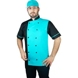 پیراهن آشپزی دوتیکه تیام مشکی فیروزه ای با کلاه نقابدار