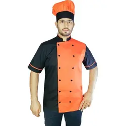 پیراهن اشپزی طرح تیام مشکی نارنجی با کلاه پفی