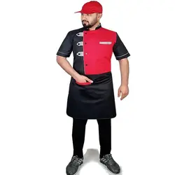 روپوش آشپزی مشکی قرمز طرح آراد سه تیکه با کلاه نقابدار