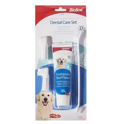 ست 4 تیکه مسواک به همراه خمیر دندان خوراکی با طعم گوشت بیولاین Bioline Dog Toothpaste Toothbrush Set Beef Flavor