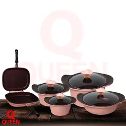 سرویس 10 پارچه طرح آیسان رنگ صورتی گرانیتی(دارای تابه رژیمی)