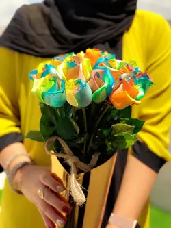 دسته گل قیفی طلایی | گل رز رنگین کمانی هلندی | 20 شاخه