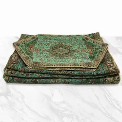 ست رومیزی ترمه فیروزه ای طرح بته سروی