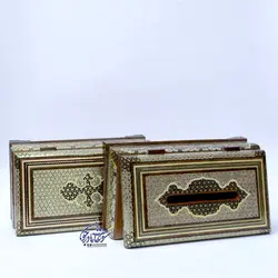 ست جعبه دستمال کاغذی و کارد و چنگال خاتم کاری اعلا مدل توپی - سوغات مادرجون