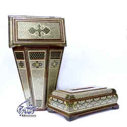 ست جعبه دستمال کاغذی و کارد و چنگال و سطل خاتم کاری اعلا مدل توپی - سوغات مادرجون